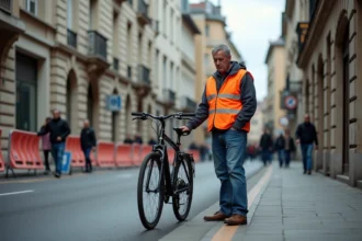 Homme en gilet orange examine un vélo dans une rue bloquée à Chambéry