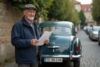 Homme âgé avec casquette présente documents voiture ancienne