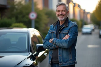 Homme souriant près d'une voiture 2026 dans un quartier résidentiel