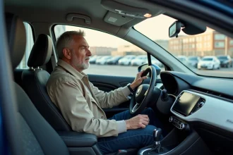 Homme inspectant l'intérieur d'une voiture compacte moderne