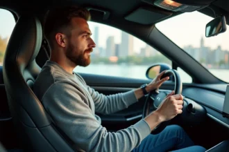 Homme au volant d'une voiture électrique moderne en ville