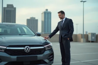 Homme d affaires debout près de sa voiture moderne