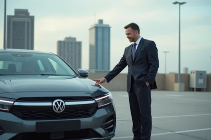Homme d affaires debout près de sa voiture moderne