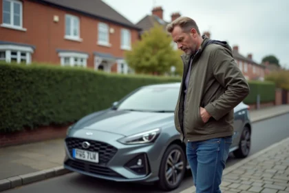 Homme examine une voiture moderne dans un quartier résidentiel