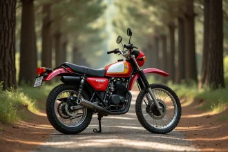 Honda XLV750R garée sur un chemin forestier en gravier, vue 3/4 avant mettant en valeur son carénage rouge et blanc d'époque