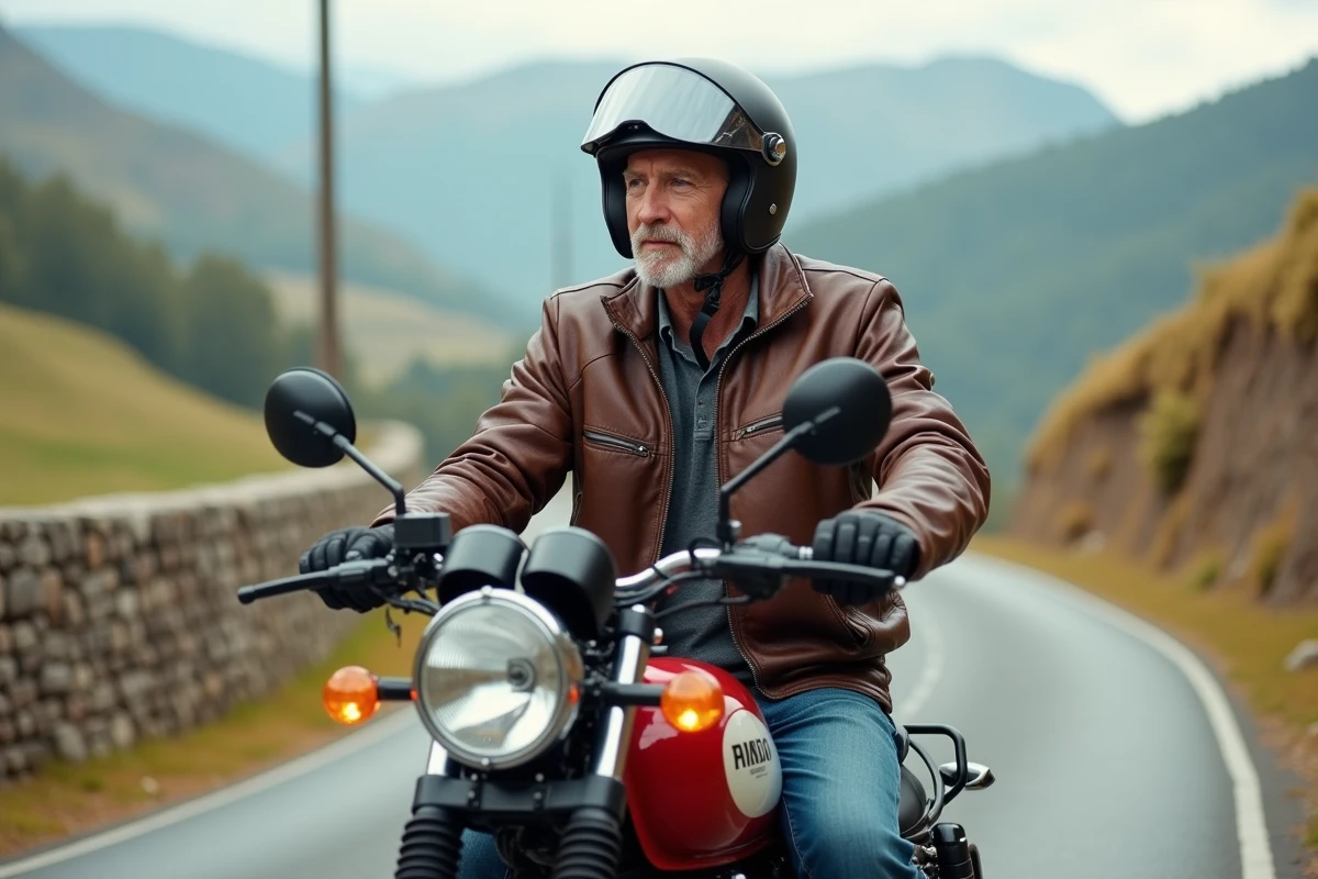 Motard en blouson cuir vintage sur une Honda XLV750R sur une route de montagne rurale avec collines en arrière-plan