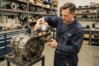 Technicien automobile versant de l'huile de transmission dans une boîte de vitesses Eat8 dans un atelier professionnel