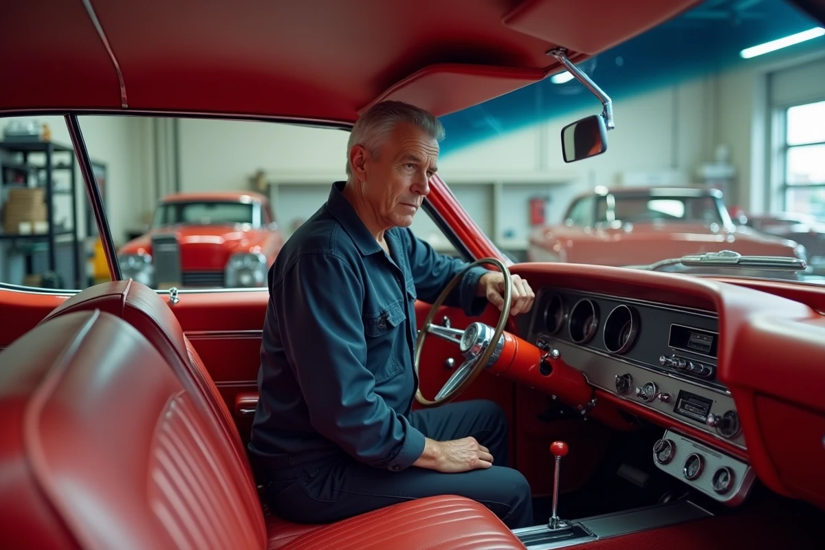 Mécanicien européen inspectant l'intérieur automatique d'une Chevrolet Impala 1967 rouge dans un showroom de voitures classiques