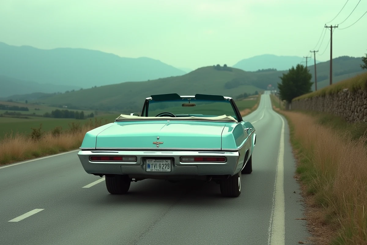 Chevrolet Impala 1967 cabriolet deux tons blanc et turquoise sur une route de campagne européenne, vue arrière 3/4 avec collines verdoyantes