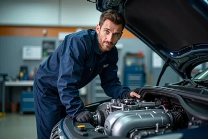 Ingénieur automobile inspectant un moteur turbo pour illustrer la conversion de puissance en CV et kW
