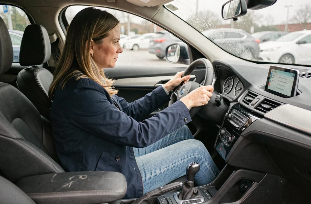 Femme évaluant l'intérieur d'une BMW X1 F48 d'occasion, inspectant le tableau de bord et l'usure des sièges en cuir