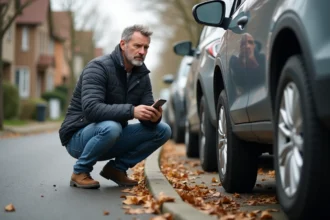 Homme d'âge moyen inspectant un pneu de voiture en banlieue