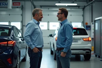 Propriétaire de voiture hybride lors d'une inspection chez Dekra