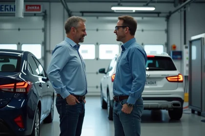 Propriétaire de voiture hybride lors d'une inspection chez Dekra