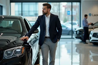 Client inspectant une voiture de luxe noire dans une concession automobile haut de gamme