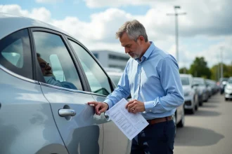 Un homme inspecte attentivement une voiture d'occasion dans un parc automobile, checklist en main, pour un achat sécurisé