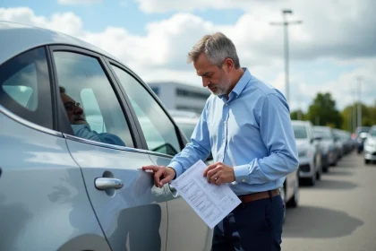 Un homme inspecte attentivement une voiture d'occasion dans un parc automobile, checklist en main, pour un achat sécurisé