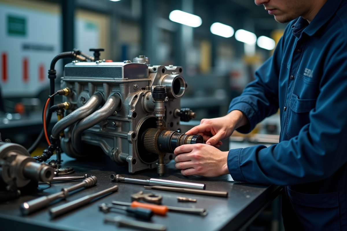 Mécanicien installant un capteur sur un moteur diesel