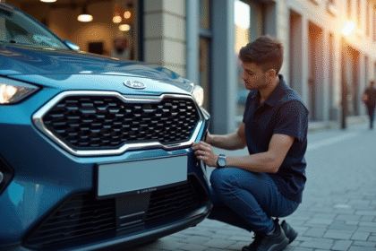 Personne installant une plaque d'immatriculation sur une voiture moderne devant un atelier
