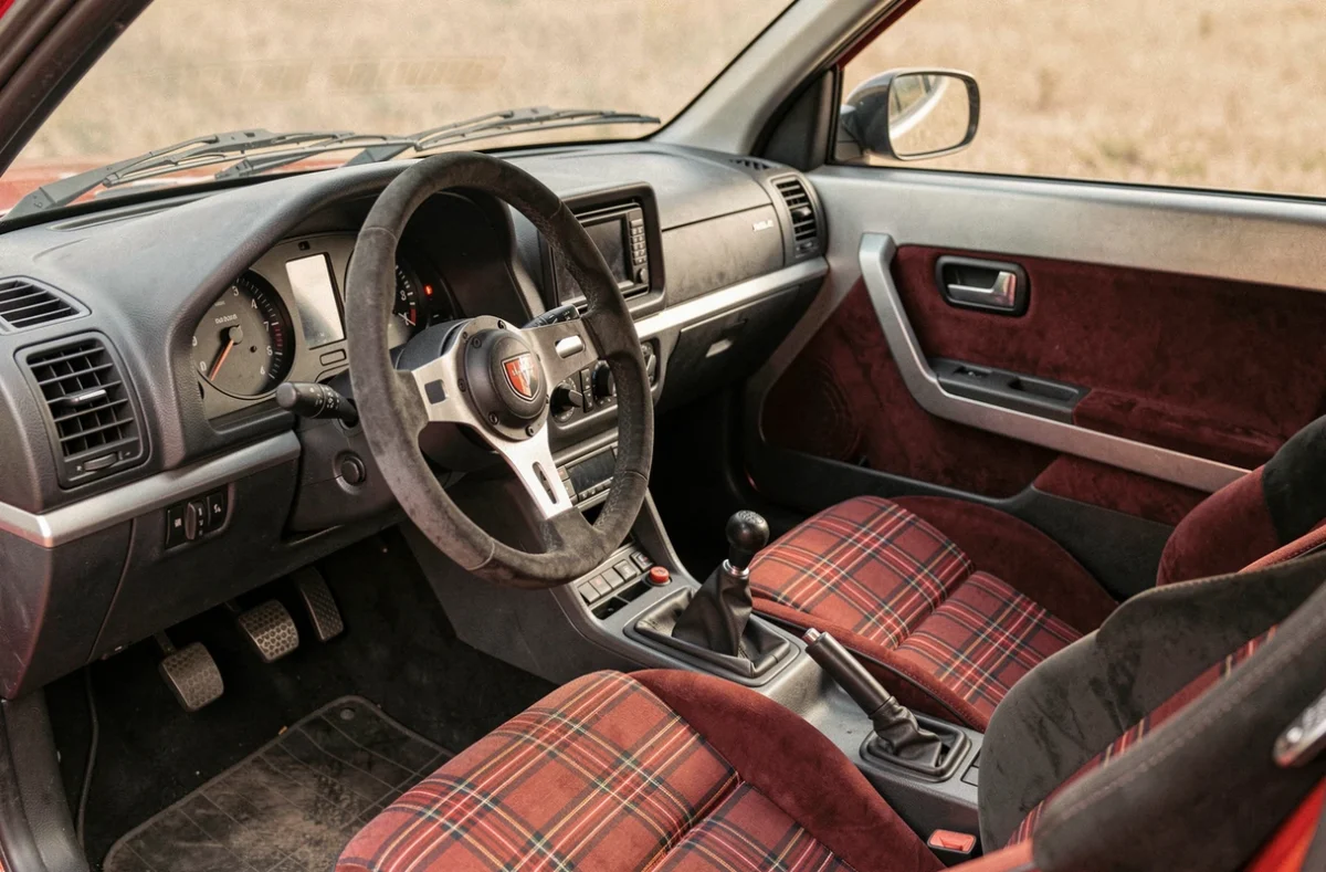 Intérieur sportif de la 205 GTI 2026 avec sièges baquet en tissu écossais rouge et noir et volant plat évoquant l'héritage GTI des années 80