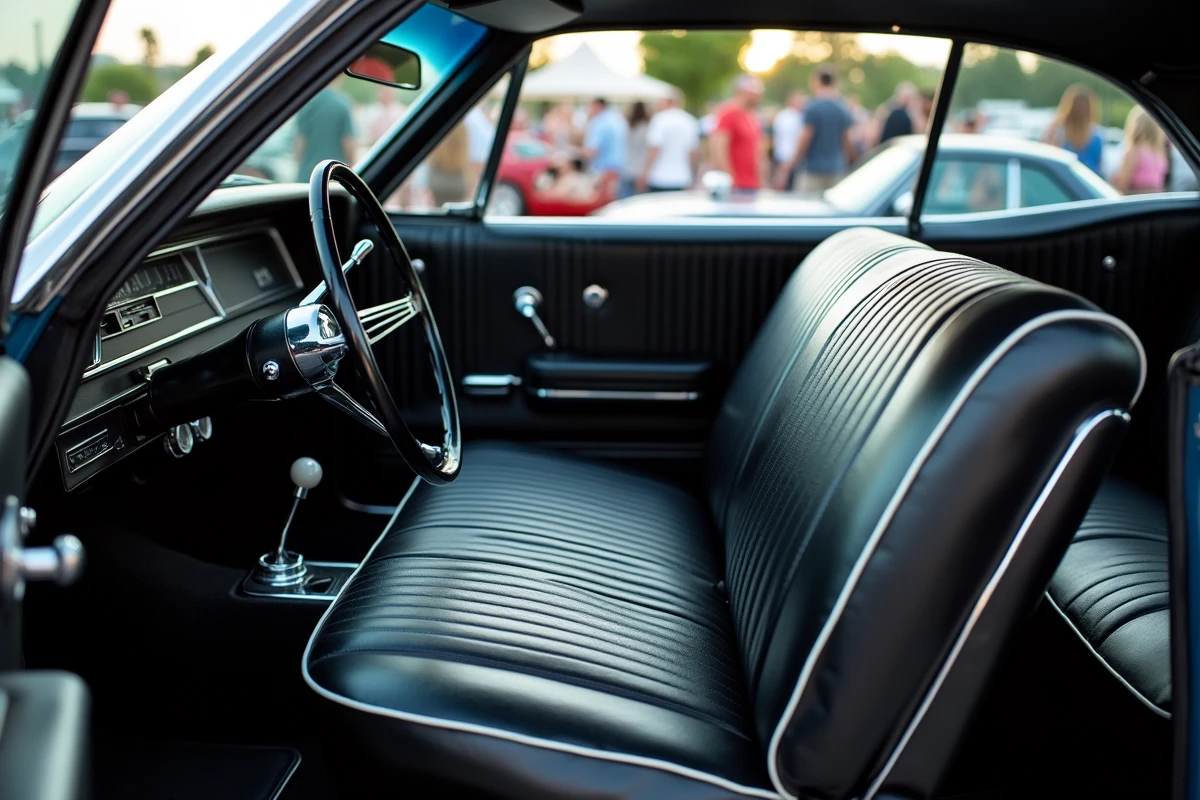Intérieur authentique d'une Chevrolet Impala SS 1966 restaurée avec siège banquette noir, volant chromé et tableau de bord vintage lors d'un salon automobile