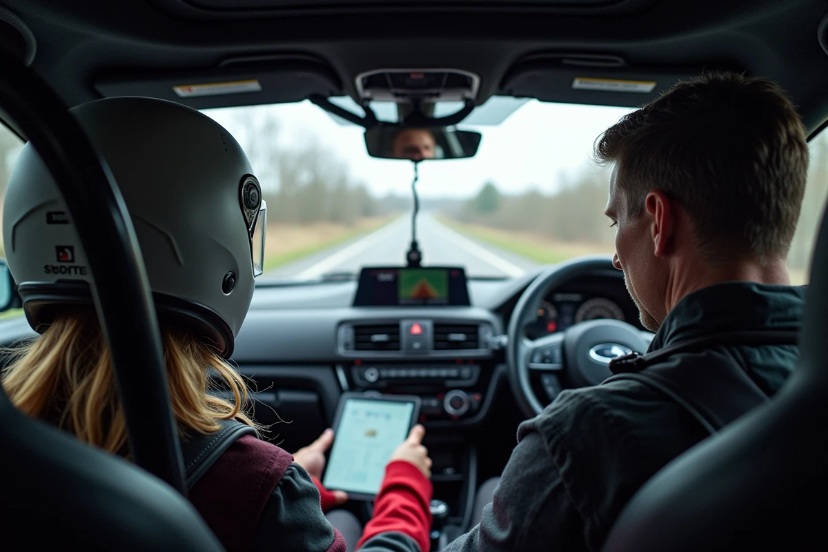 Pilote et copilote en casque à l'intérieur d'une voiture de rallye consultent une tablette de notes avant le départ d'une spéciale