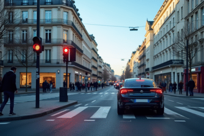 Intersection urbaine en France avec voiture au feu rouge