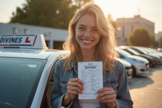 Jeune adulte souriant avec permis de conduire et voiture