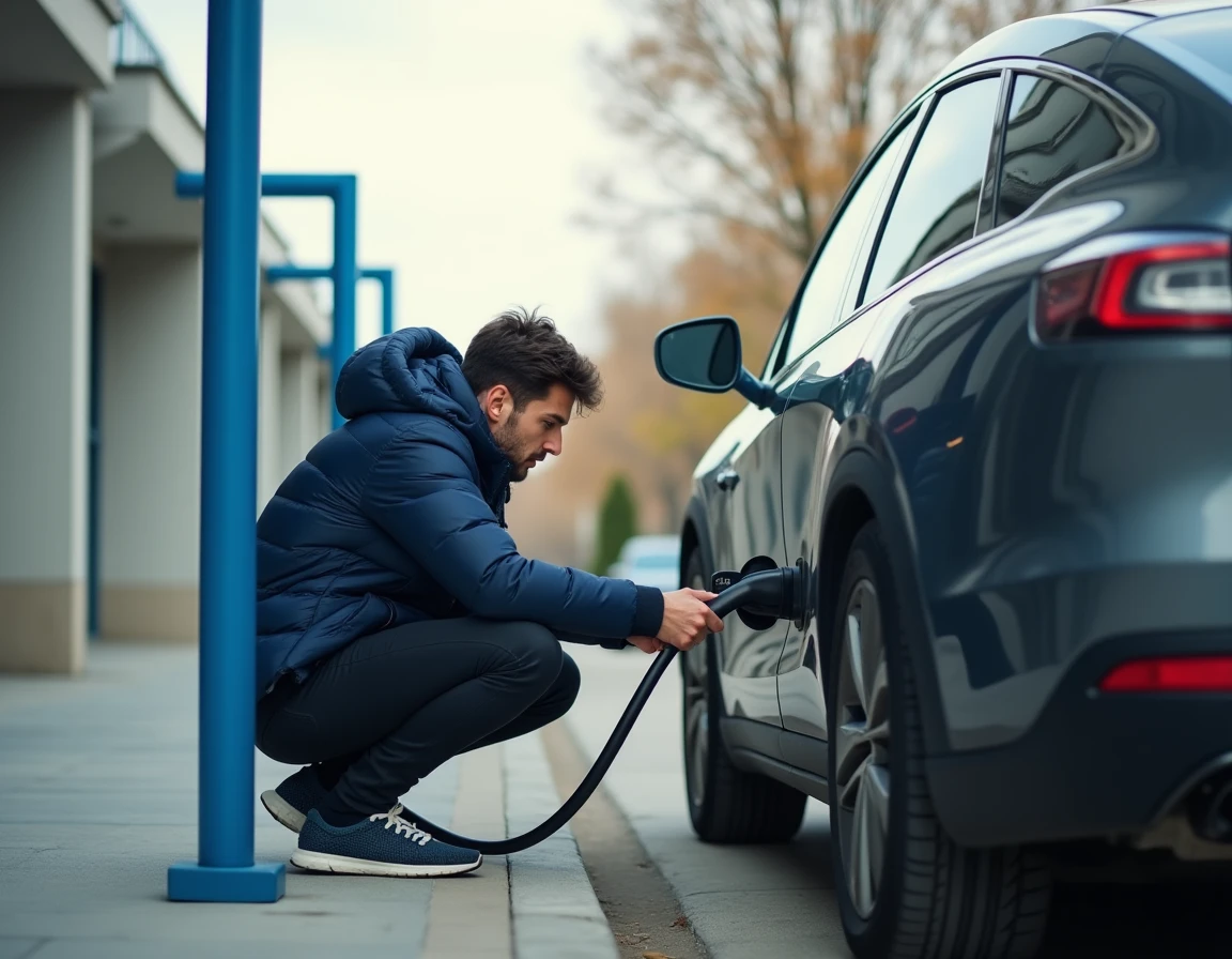 Jeune conducteur branchant son SUV électrique à une borne de recharge publique en zone périurbaine, illustrant les contraintes pratiques d'un 4x4 électrique pour les jeunes