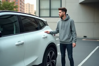 Jeune conducteur debout à côté d'un SUV électrique blanc en milieu urbain, illustrant le choix d'un 4x4 électrique pour un jeune automobiliste