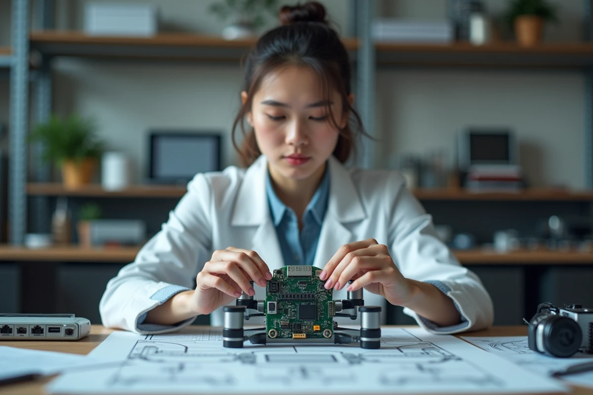 Jeune femme en intérieur assemblant un drone avec précision