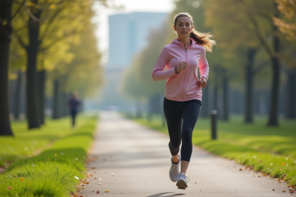 Jeune femme courant en ville au petit matin printemps