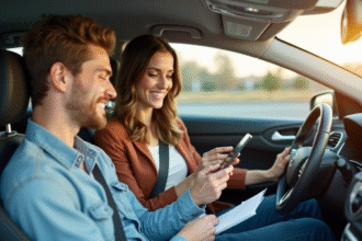 Jeune femme et homme dans une voiture en covoiturage