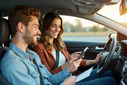Jeune femme et homme dans une voiture en covoiturage