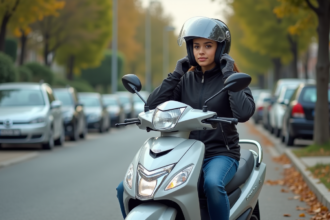 Jeune femme en moto scooter prête à partir