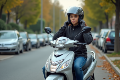 Jeune femme en moto scooter prête à partir