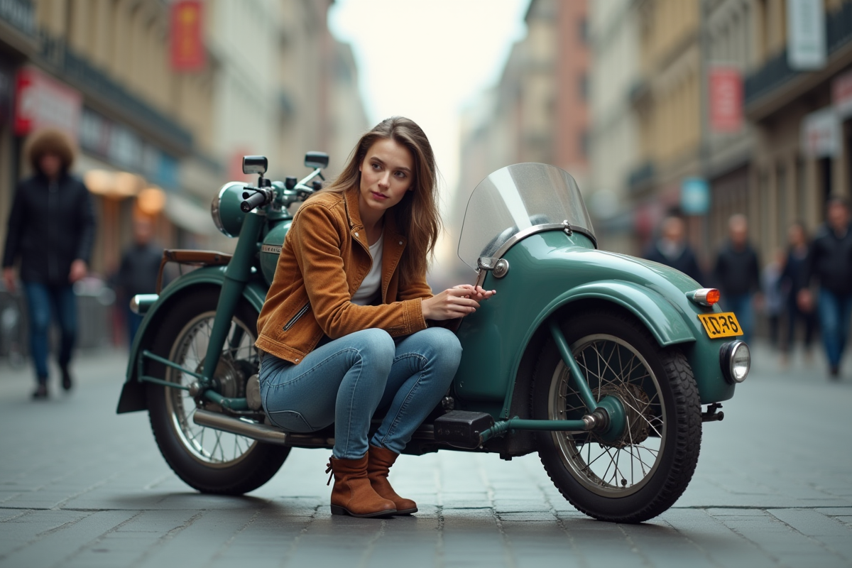 Jeune femme examine une moto rétro en ville
