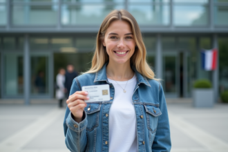 Jeune femme avec permis de conduire devant un bâtiment français