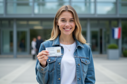 Jeune femme avec permis de conduire devant un bâtiment français