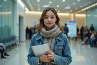 Jeune femme dans une prefecture française en attente