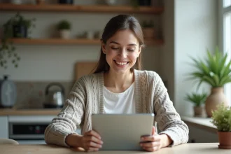 Jeune femme souriante utilisant une tablette pour un quiz de conduite