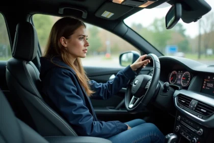 Jeune femme dans sa voiture regardant le tableau de bord
