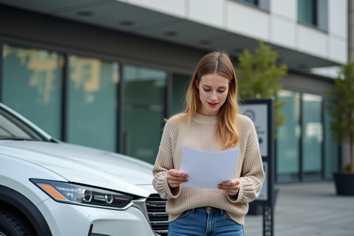 Jeune femme vérifie papiers voiture électrique moderne