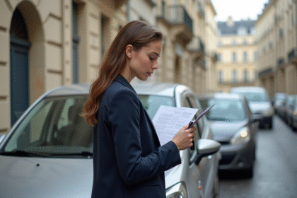 Jeune femme avec clés de voiture devant une citadine à Paris