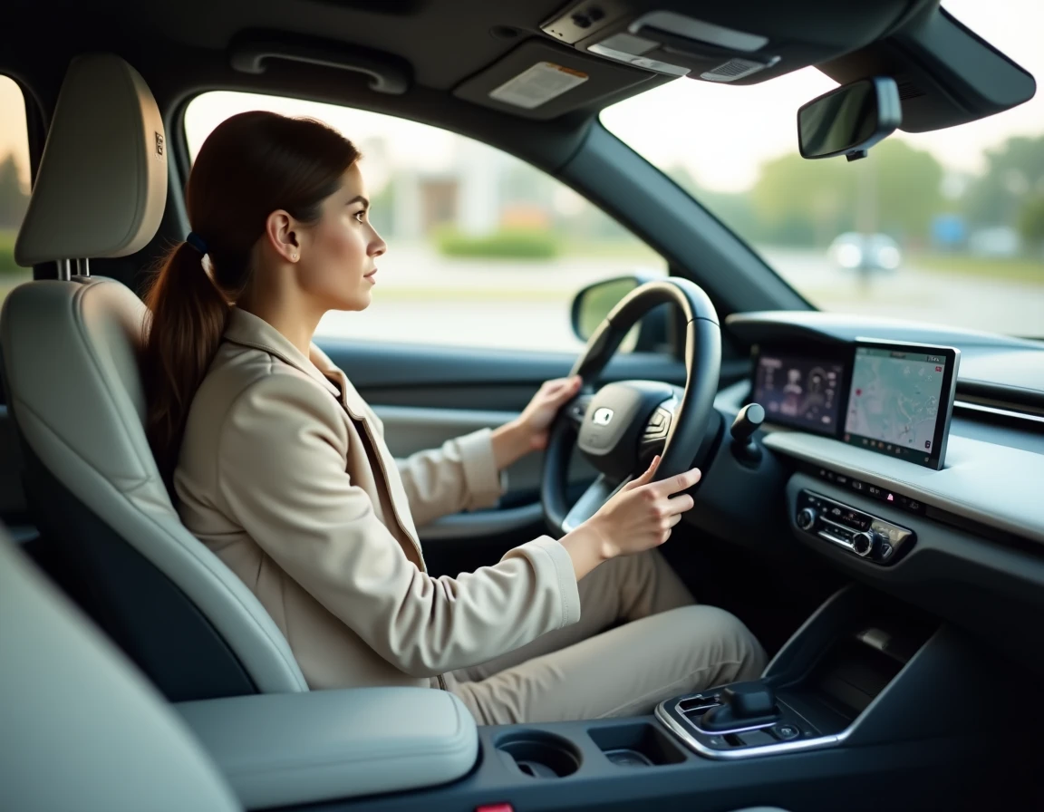 Jeune femme au volant d'un 4x4 électrique moderne, examinant le tableau de bord numérique, pour illustrer la prise en main d'un véhicule électrique par un jeune conducteur