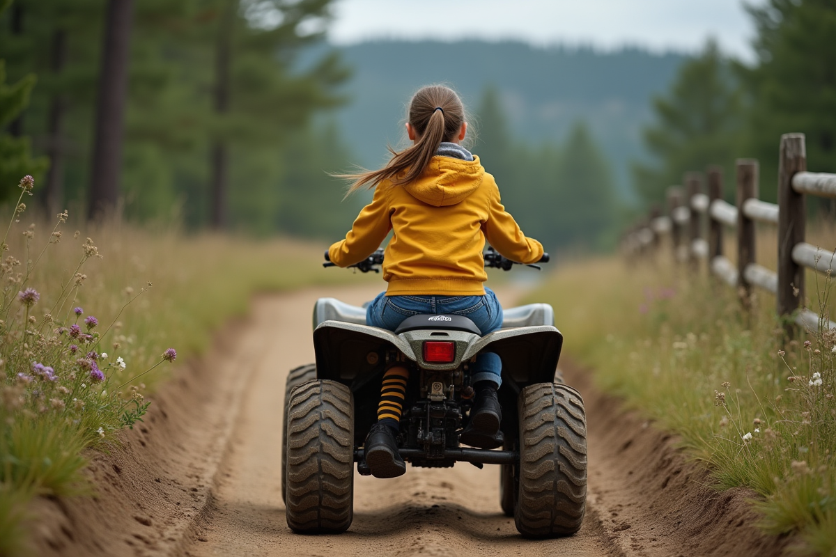Jeune fille apprenant à conduire un quad en forêt