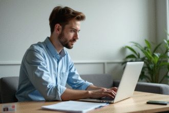 Jeune homme au bureau en ligne de confiance