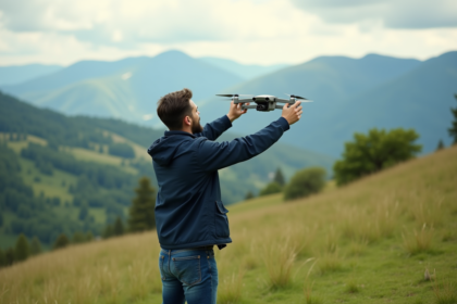 Jeune homme lançant un drone dans la nature