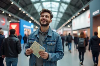 Jeune homme souriant devant l'entrée du salon de la moto à Milan
