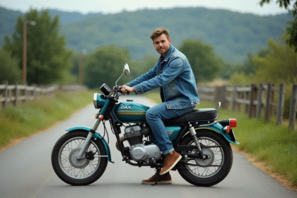Jeune homme en denim vintage sur moto Dax 50 en campagne